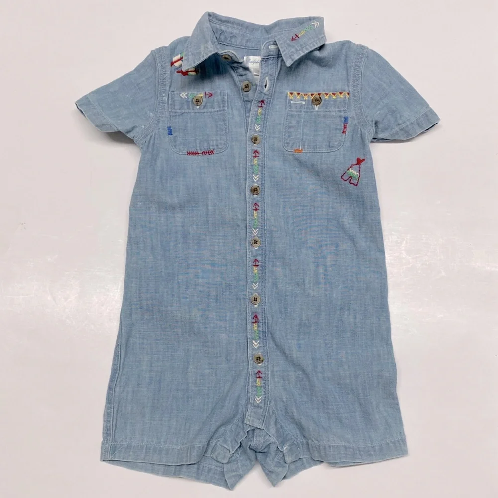 Ralph Lauren Denim Chambray Southwest Embroidered Onesie Sz 12 months